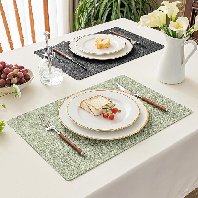 Romanstile Sage Green Placemats Set of 4, Vinyl 100% Waterproof Oil-Proof Wipeable Place Mats, Heat Resistant Dual Sided Table Mats for Kitchen/Dining/Party (Grey Green, 12 x 17 Inch)