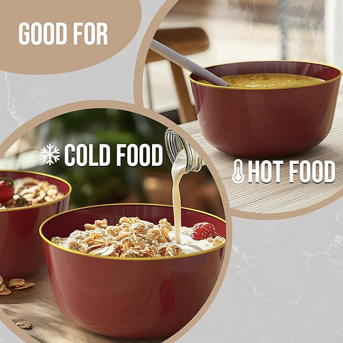Trendables Burgundy & Gold Rimmed Disposable Bowls - 24 Oz Set of 20 Fancy Plastic Serving Bowls Perfect for Ice Cream, Salad & Candy