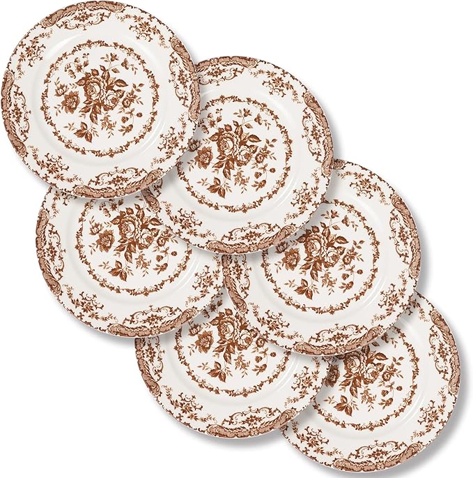 Salad Plates, 8.5 Inch Ceramic Plates Set of 6, Kitchen Plates Microwave Safe Plate, White Porcelain Dessert Porcelain Serving Dishes, Brown