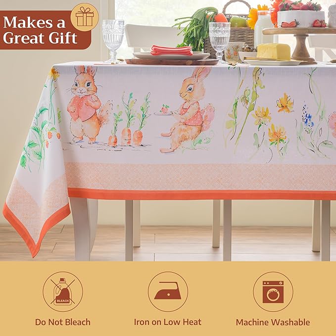 Maison d' Hermine Table Cloth Square Table 100% Cotton 54 x 54 Inches Tablecloth Reusable Decorative for Dining Room Farmhouse Home Valentines Day Decorations Spring Summer - Bunny Party