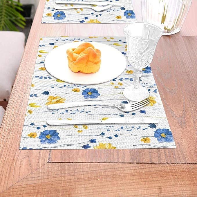 Navy Blue Yellow Flower Placemats Set of 4 12"x18", Watercolor Floral Decorative Table Mats for Kitchen Dining Table Spring Summer Place Mats Heat Resistant Washable