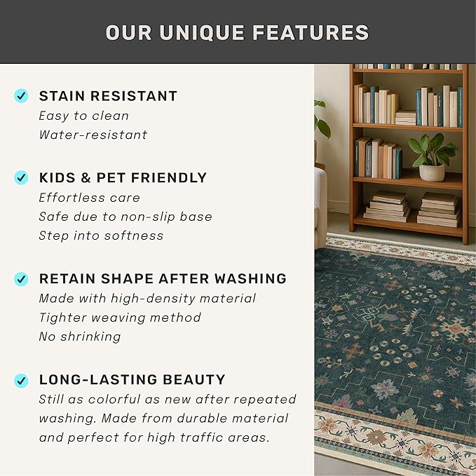 Vintage Dark Green 2x10 Kitchen Rug - Modern Boho Eclectic Floral Pastel, Washable Low Pile Non-Slip Extra Long Runner Rugs for Hallway, Bedroom