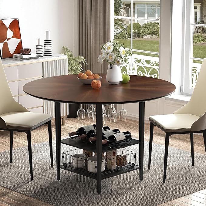 VFK 47" Round Kitchen Table Set with Storage Base & Metal Legs, 5-Piece Wooden Dining Set for 4 to 6 People, Includes 4 Upholstered Chairs for Dining Room, Living Room or Kitchen