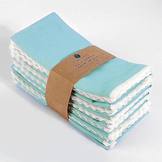 Fingercraft Dinner Cloth Napkin Cotton Linen Blend 12 Pack Mitered Corners with Elegant Lace for Everyday Use Napkins are Pre Shrunk and Good Absorbency Sky Blue, 20in x 20in (Set of 12)