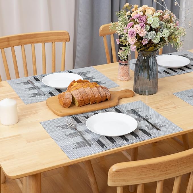 Winknowl Placemats Set of 6, Heat Resistant Stain Resistant Woven Vinyl Insulation Place mats, Durable Washable Elegant Table Mats for Kitchen Dining Table Decor (Geometric Gray)