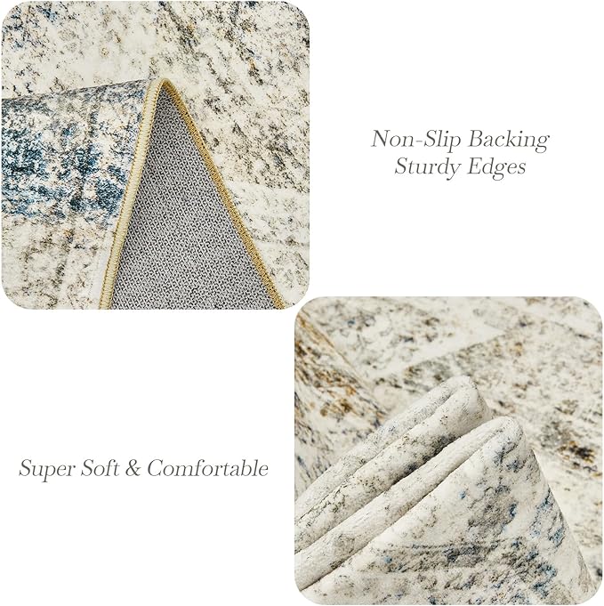 10x14 Area Rugs for Living Room, Non Slip Machine Washable Vintage Rugs, Low Pile Lightweight Large Rug for Bedroom, Dining Room, Home Office Blue Ivory