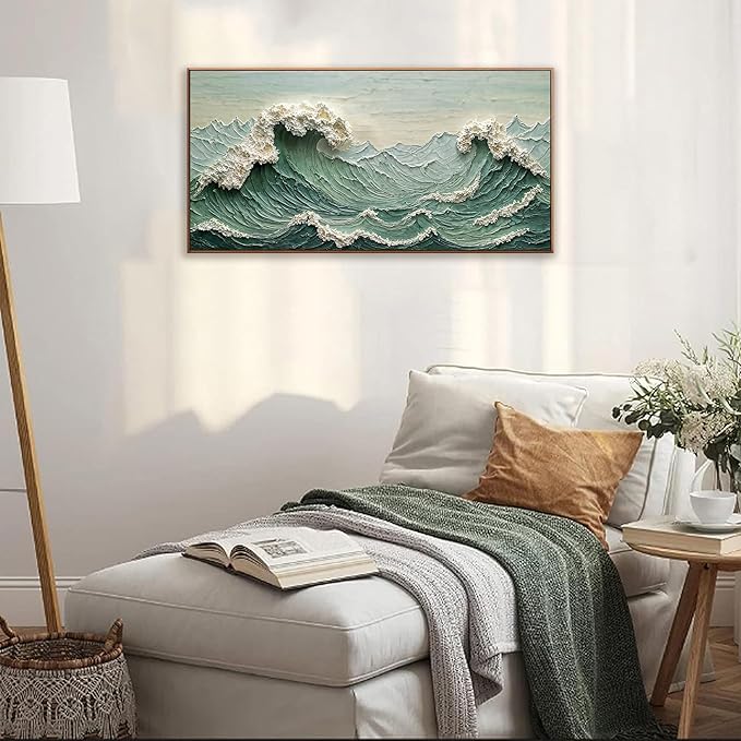 Sea Wave Abstract Wall Art Small Size Modern Green Canvas Wall Art Decor Painting Artwork Abstract Wall Decor Print Picture For Bedroom Office Home Decoration 20" X 40" With Framed