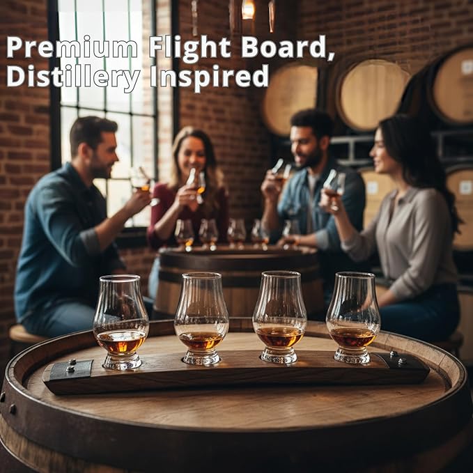 Premium 4 Glass Whiskey Flight/Natural (light Oak)/ Crystal Glasses