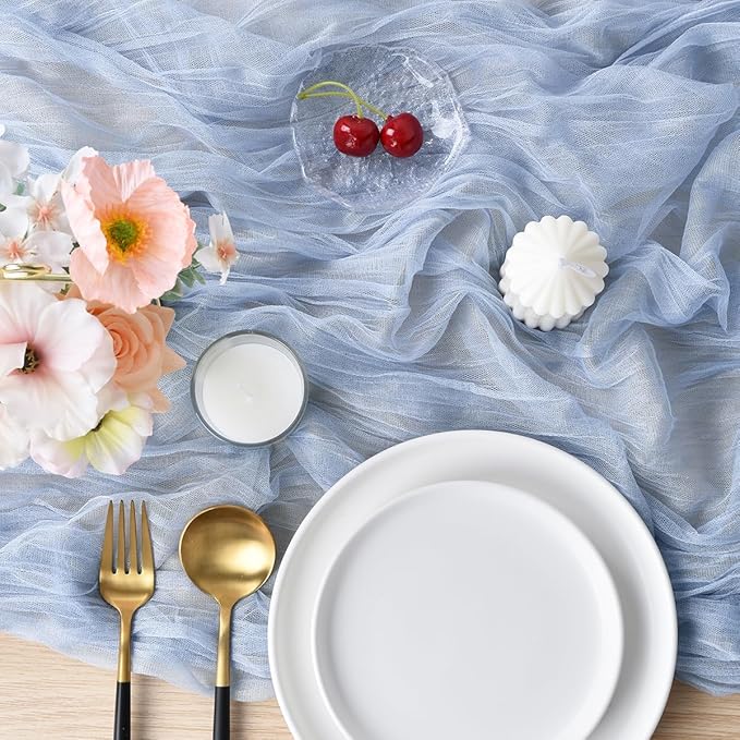 Joanlody Blue Cheesecloth Table Runner Spring Easter 10Ft Rustic Gauze Boho Cheese Cloth Table Runner for Wedding Bridal Baby Shower Decoration