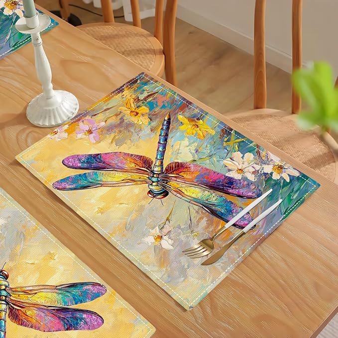 Dragonfly Placemats Set of 6, Dragonfly Flower Table Mats, Floral Washable Place Mats for Coffee Bar Home Party Indoor Kitchen Dining Table Decoration 12x18 Inch