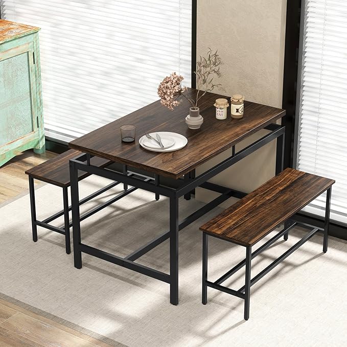 Giantex Kitchen Table Chairs Set of 3 - Dining Table Set for 4 with 2 Benches, Metal Frame, Space-Saving Dinette Table Set for 4, Small Places Breakfast Nook Table Set, Kitchen Table Set, Brown