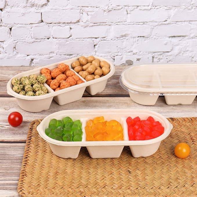 disposable paper bowls 18 oz 3 compartments with lids, Sugarcane Fiber For Snack, Dessert, Meal Prep 50 Pack