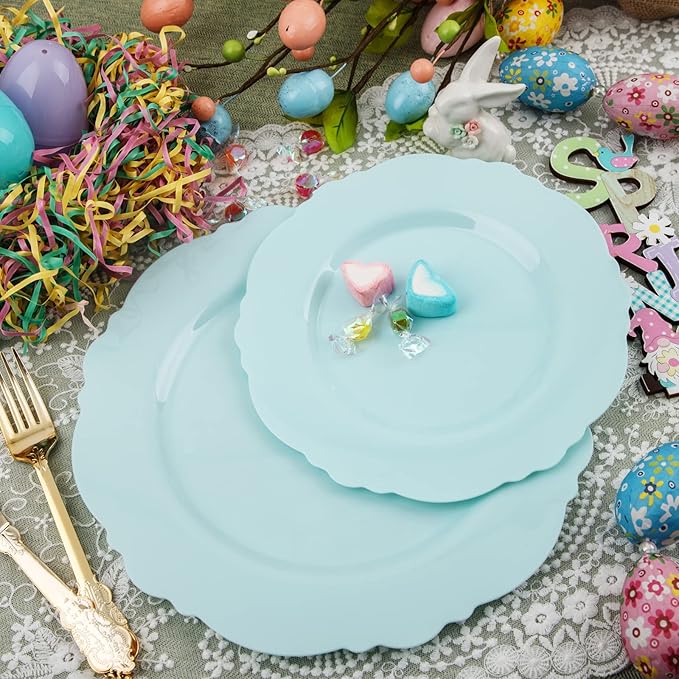 WDF 60pcs Mint Green Plastic Plates - Baroque Dinner Plates Including 30 Green Plates Disposable10.25inch, 30 Dessert Plates 7.5inch for Upscale Wedding, Parties