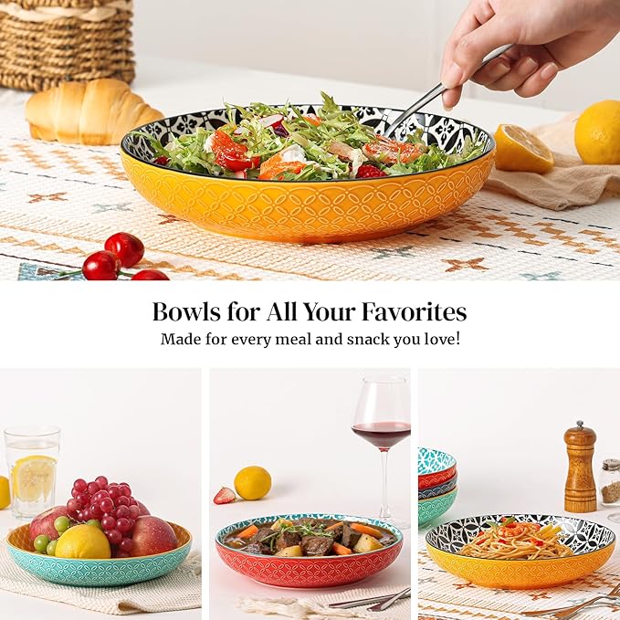 DOWAN 10" Vibrant Pasta, Salad & Soup Serving Bowls Set of 4, Embossed Large Porcelain Ceramic, Microwave & Dishwasher Safe, Bonita Design Dinnerware Dishes for Daily Dining, Family Gatherings, Party