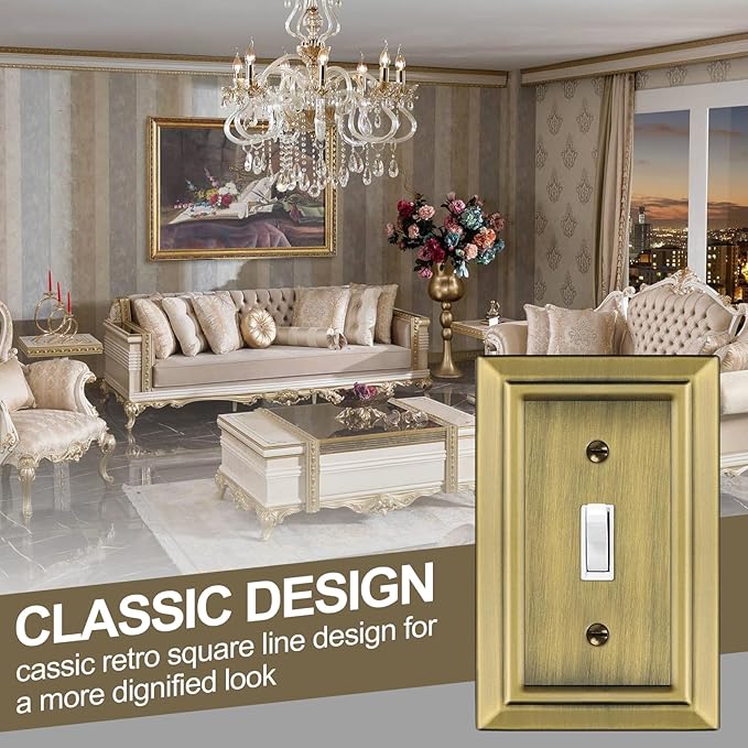 Metal Wall Plate for Electrical Outlets, Decorative Antique Brass Switch Plates Outlet Cover, Light Switch Cover Plate, 1-Gang Wall Plates (Single Toggle, 6 Pack)
