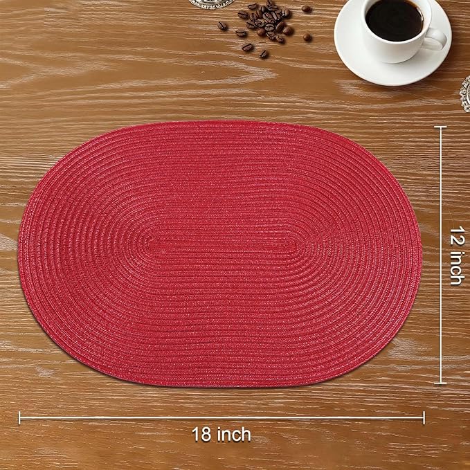 Noctiflorous Oval Braided Placemats Set of 4 Woven 12x18 Inch Non Slip Washable Heat Resistant Place Mats Round Tablemats for Dining Kitchen Party Daily Table Decor Dinner Mats (Red, 4)