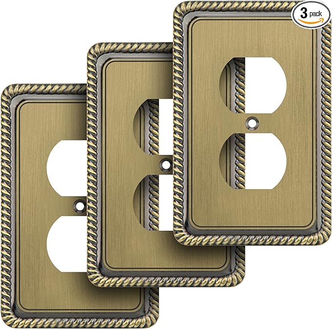 Henne Bery Rope Edge Decorative Wall Plate Switch Plate Outlet Cover (Single Duplex, 3 Pack, Antique Brass)