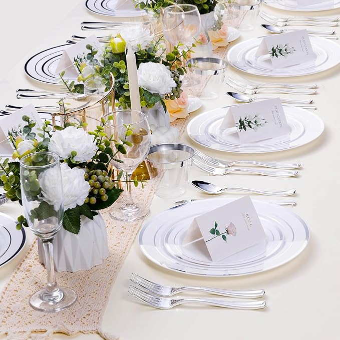 BESTSTAR 7 Inch White Plastic Plates,100PCS Disposable Dessert/Appetizer/Small Cake Plates with Silver Rim,Heavy Duty Plate Ideal for Christmas, Wedding and Birthday
