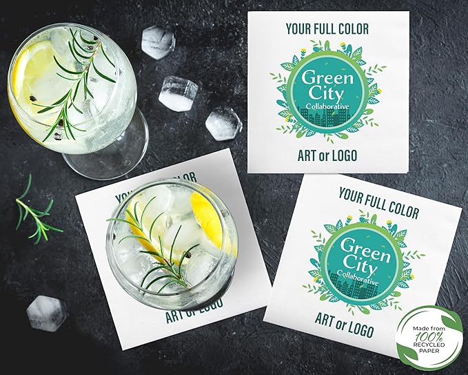 B.E. Green 100% Recycled Custom Cocktail Napkins - Personalized 100% Recycled Napkins - Eco-friendly & Full-Color Digital Printed - Weddings, Events & Celebrations - Pack of 50 - Non-Embossed, 5"x 5"