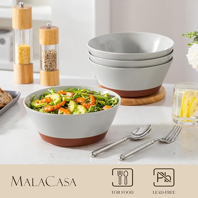 MALACASA Salad Bowls Set of 4, Soup Bowls for Kitchen, 60oz Large Ceramic Bowl for Ramen, Cereal, Fruit, Pho and Pasta, Microwave & Dishwasher Safe, Speckled Deep Bowls, Grey & Brown