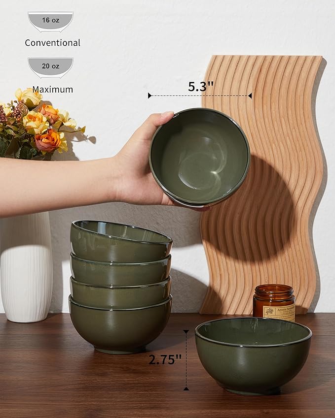 5.3" Cereal Bowls & Dessert Bowls Set of 6-20 Oz Small Bowls for Kitchen-Ceramic Bowl for Cereal, Soup, Oatmeal, Salad, Ramen, Noodle, Rice, Yogurt-Dishwasher & Microwave Safe, Blackish Green