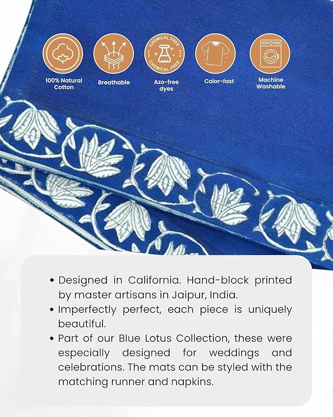 Handmade Cotton Placemats – Artisan Block-Printed Table Placemats | Soft, Washable & Timeless Dining Table Décor for Everyday Gatherings (Blue Lotus | Set of 6)