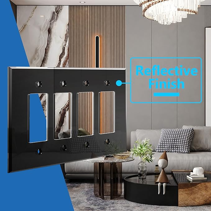 LIDER Reflective Acrylic Decorator Wall Plate, Mirrored Light Switch Plate, Plexiglass Outlet Cover, Acrylic Glass, Oversized 4-Gang 5.25" x 8.88", LWP-34O-ABK, Black