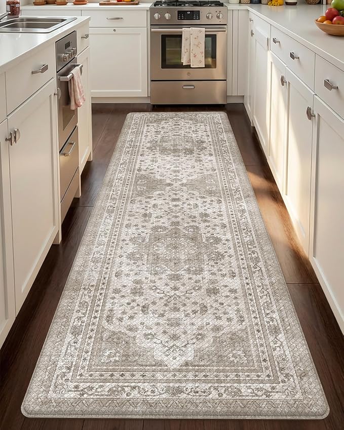 Color&Geometry Kitchen Floor Mats Anti Fatigue, Cushioned Boho Rugs,Waterproof Non Slip Kitchen Runner for Sink, Standing Mats for Office,24"x87",Beige