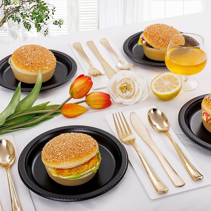 WELLIFE 7 Inch Black Dessert Plates 150 Count, Disposable Plastic Dessert Plates for Party Cake Appetizers Salad Picnic BBQ Easter