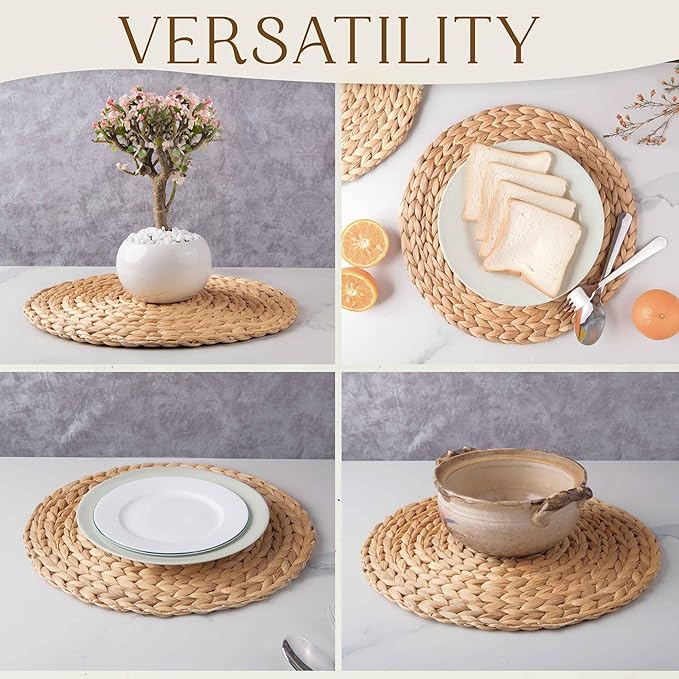 13.5" Water Hyacinth Woven Round Placemats Set of 6 - Wicker Boho Farmhouse Placemats - Rattan Table Mats for Dining Table, Wedding, Home