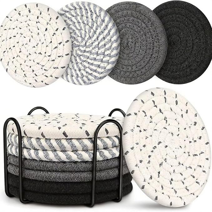 8 Pcs Drink Coasters with Holder, Handwoven Cotton Coasters Set Stackable Absorbent Minimalist Home Decor for Table, Cup, Mug (Grey)