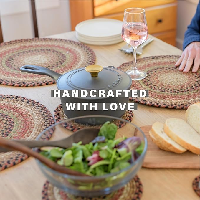 Homespice Gingerbread Round Braided Placemats, Warm Country Decor, Set of 2, 15", Brown Jute Table Mats - Vibrant Colors, Durable, Easy to Clean and Protects Furniture