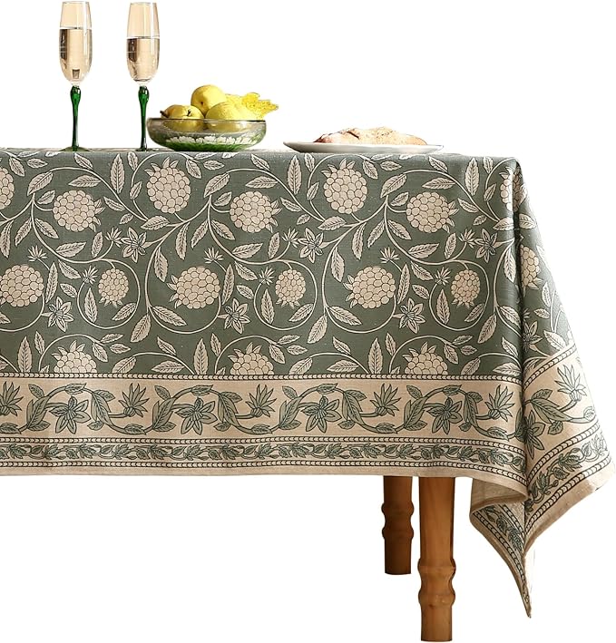 ISAENNE Designer Grayish Green Linen Extra Long Tablecloth Rectangle,Floral Stain Resistant Table Cloth,Fall Vintage Decor Tablecloths for Dining Thanksgiving Kitchen,63"*110"-Andrew A