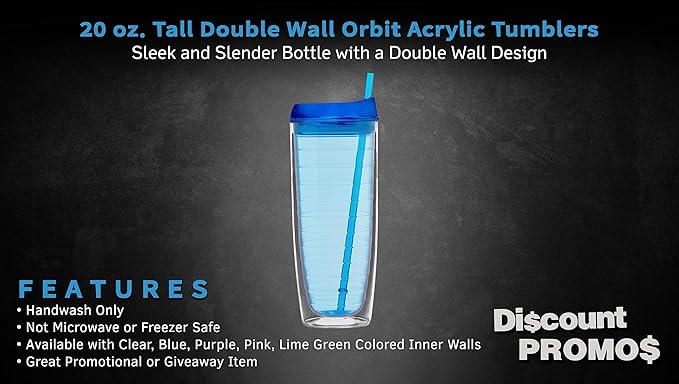 DISCOUNT PROMOS Tall Orbit Acrylic Tumblers 20 oz. Set of 10, Bulk Pack - Perfect for Iced Coffee, Soda, Other Hot & Cold Beverages - Blue