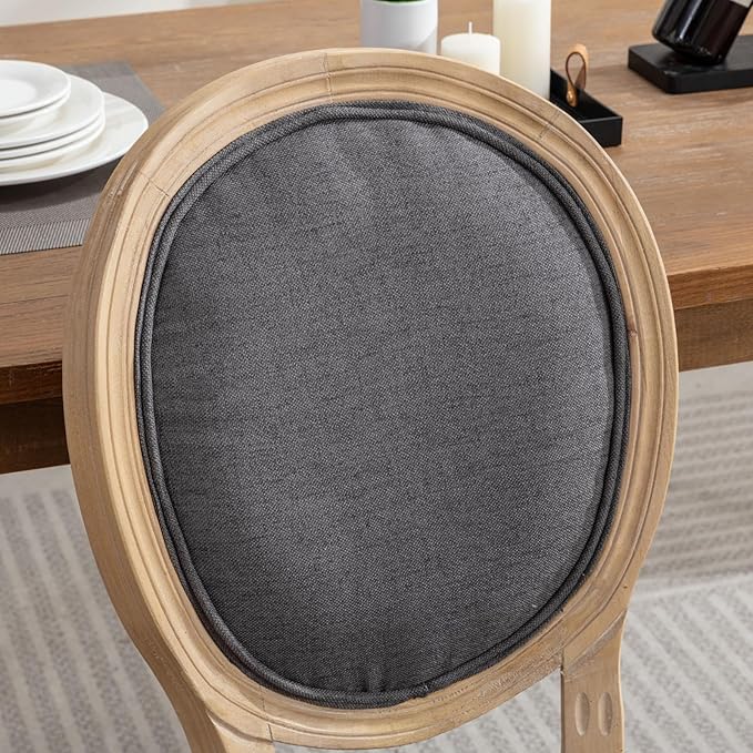 Ball & Cast French Vintage Upholstered Dining Chairs Set of 2, Farmhouse Antique Painting Wooden Kitchen Side-Chairs with Carved Solid Wood Frame, 2-Piece Curved Backrest Louis Chair, Linen Gray