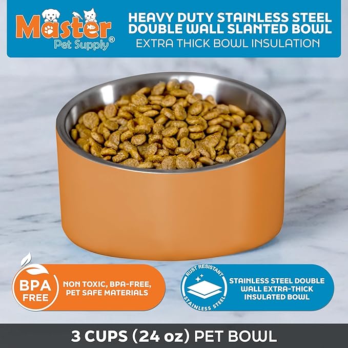 Master Pet Supply Stainless Steel Slanted Dog Cat Food Bowl - 24 oz Heavy Duty - Mango Tango, Double Wall Insulated, Non-Slip Elevated Bowl for French Bulldogs Pugs Cats, Anti Rust Dishwasher Safe