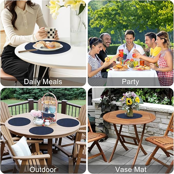 Homaxy Round Faux Leather Placemats and Coasters, Washable Dual-Side Table Mats, Wipeable Heat-Resistant Dining Place Mats for Outdoor and Indoor, Set of 12, Diameter 13 and 3.93 inch, Navy Blue