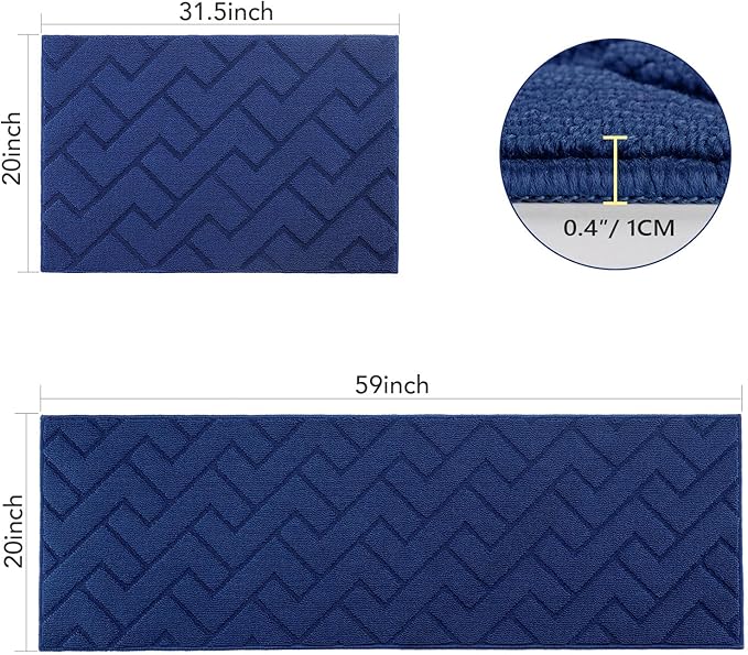 hicorfe Kitchen Runner Rug and Mats Sets,2 Pieces Super Absorbent Polypropylene Non-Slip Rug,Soft Comfort Floor Mat,Washable for Kitchen,Hallway,Office,Sink,Laundry(20" x 32"+20" x 59",Navy Blue)