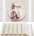 DACHUI Placemats Set of 6, Soft & Elegant Woven Vinyl Place Mats, Water Resistant, Heat Resistant, Washable, Durable Table Mats (White Stripes)