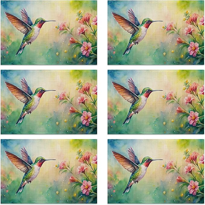 Table Placemats Set of 6, Waterproof Linen Fabric, Non-Slip Backing & Easy Clean, Elegant Dining Table Protectors for Family and Guests(Watercolor Hummingbird Flowers)