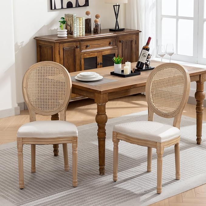 Vintage French Rattan Dining Chairs Set of 6, Solid Wood Frame with Round Rattan Back and Linen Upholstered Seat, Farmhouse Accent Sillas de Comedor Side Chairs for Dining Room & Kitchen, Beige
