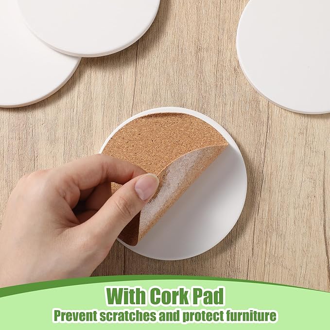 Zopeal 96 Pcs Ceramic Tiles for Crafts Coasters Include Unglazed White Ceramic Tiles with Cork Backing Pads Use with Alcohol Ink Acrylic Pouring for DIY Project Gift (Round)