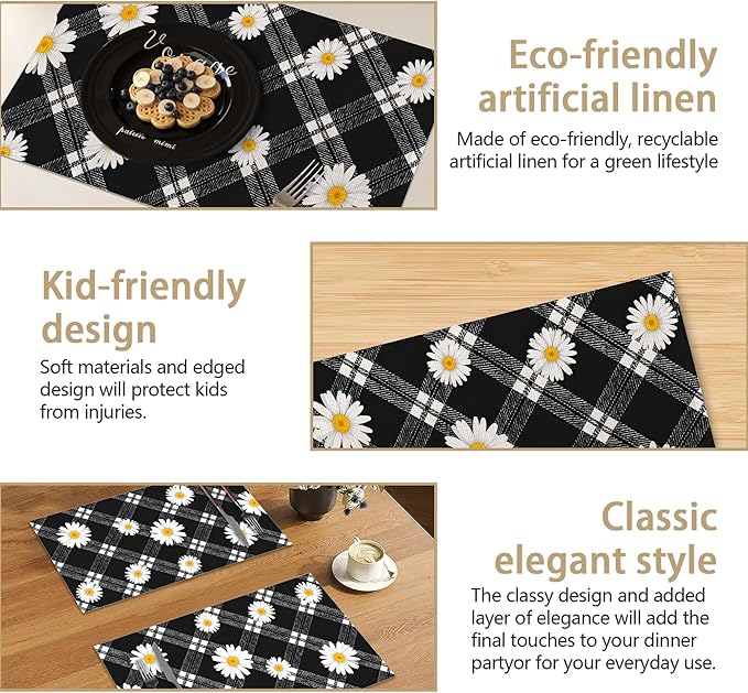 Daisy Floral 12x18 Inch Placemats Set of 6 - Waterproof, Non-Slip & Washable Table Mats for Kitchen & Dining Table Placemats