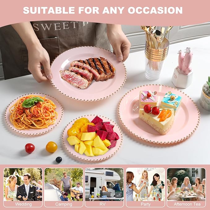 EI 60pcs Pink Plastic Plates with Gold Rim,Pink Party Plates Disposable,Heavy Duty 10" Dinner & 7" Dessert Plate Fancy Elegant Plate for Wedding,Birthday,Afternoon Tea,Valentine's Day