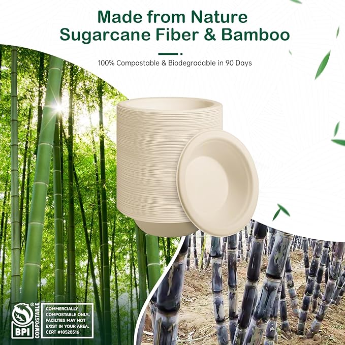 𝟭𝟲 𝗼𝘇, 𝟭𝟮𝟴-𝗣𝗮𝗰𝗸 Compostable Paper Bowls, Heavy-Duty Biodegradable Disposable Bowls Made from Bagasse, Eco-Friendly, Microwave & Freezer Safe (Natural)