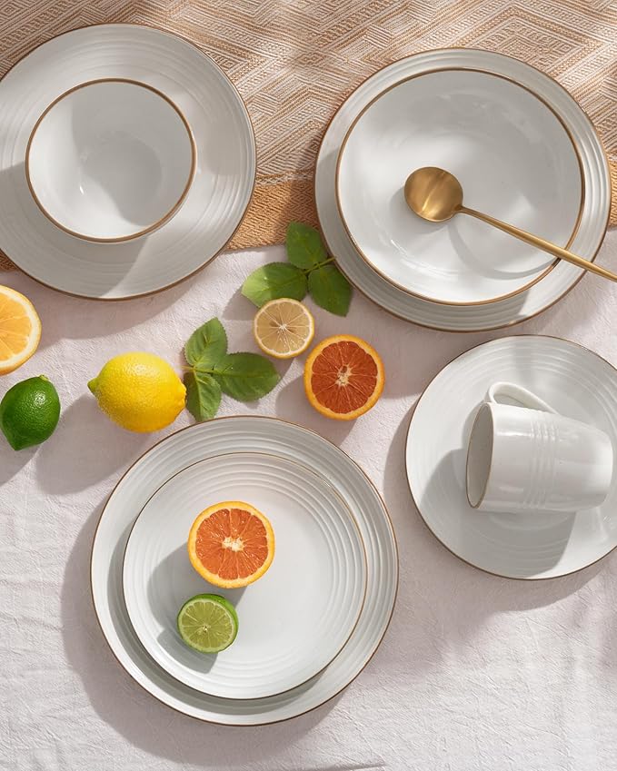 Famiware Jupiter Dinnerware Set with Pasta Bowl, Plates and Double Bowls Dish Sets for 4 (16 Pieces), Microwave and Dishwasher Safe, Chip and Scratch Resistant, White