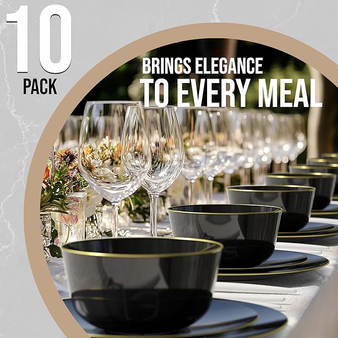 Trendables Plastic Bowls Disposable Bowls 24 Oz Bowl Set Of 10 Black Gold Rimmed Fancy Plastic Serving Dishes Perfect for Parties and Events Disposable Candy Bowl