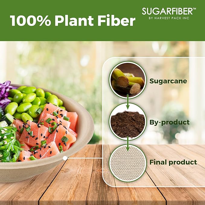 [1000 Count]Sugarfiber by Harvest 22oz Round Bowls PFAS Free with PLA coating - Compostable Heavy-Duty Eco-Friendly Disposable Bagasse Bowl Sugarcane made plant fibers for Meal Prep