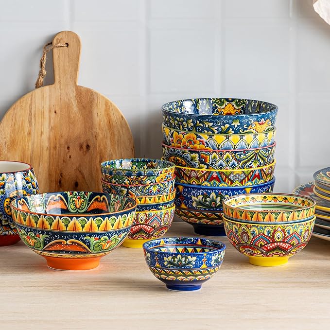 Henten Home 6.5 oz Small Dessert Bowls, Porcelain Boho Snack Bowl Set of 6 - Ceramic Colorful Bowls for Salsa, Dipping, Sauce, Decorative, Microwave & Dishwasher Safe