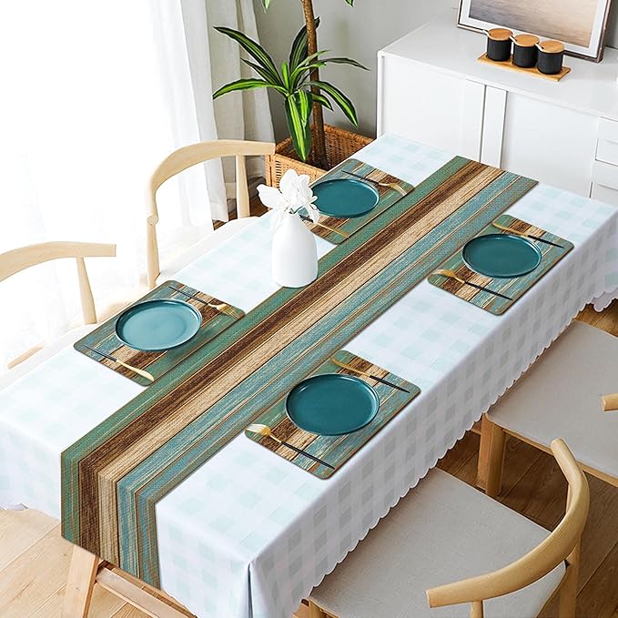 Mcalk Farmhouse Table Runner and Placemats Set of 6 Pieces, Teal and Brown Placemats Wooden Texture,Rectangle Cloth Place Mats Indoor for Kitchen,Washable Placemats Linen Material for Living Table